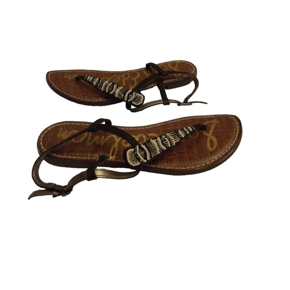 Sam Edelman Grace Sandals Size 7 Beaded Strap Leather Black White Flats - Picture 3 of 5